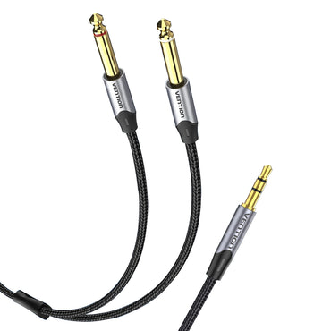 Vention TRS 3.5mm Male to Dual 6.5mm Male 1-Meter Cotton Braided Gold Plated (BAR) Audio Cable for Speakers, Mobile Phones, Laptops (Available in 1M, 1.5M, 2M and 5M)