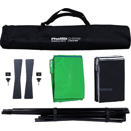 Phottix Q-drop Collapsible Backdrop Kit 5ft by 13ft with 4 Colors Green / Blue and Black / White Cotton Muslin Background PH83432