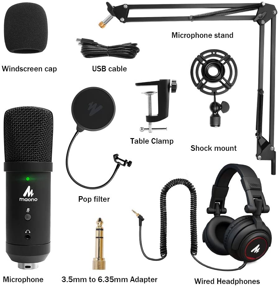 Maono AU-PM401H PM401H USB Condenser Cardioid Microphone With Studio Monitor Headphone Kit for Computer PC Podcasting Gaming Youtube Streaming Recording