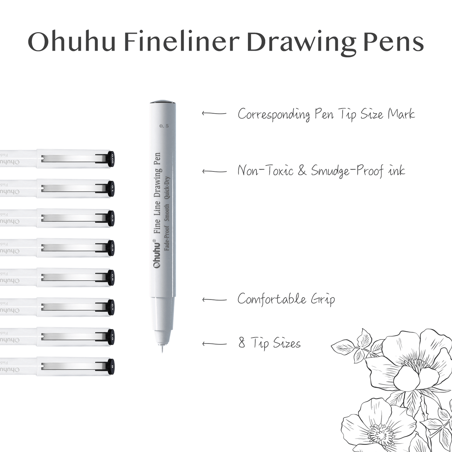 Ohuhu Fineliners Set of 8 Ultra Fine Line Drawing Markers, 8 Assorted Tip Sizes Black Ink