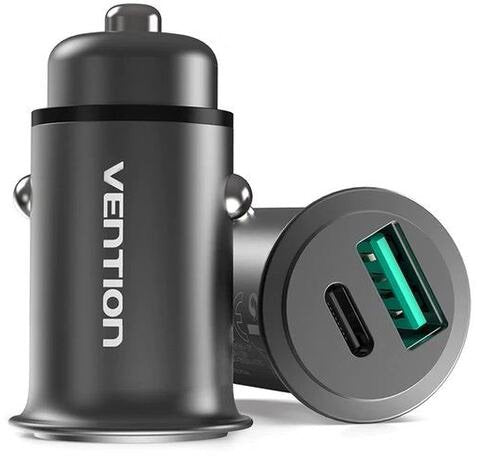 Vention USB A / Type-C Car Charger Quick Charge 3.0 Aluminum Alloy Dual Mini Style QC 3.0 for Mobile Phones, Tablets, Speakers (CC-63-H)