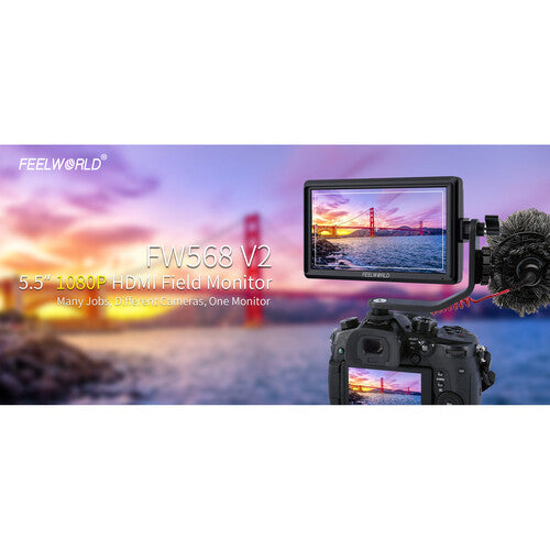 Feelworld FW568 V2 5.5" Lightweight FHD Field Monitor 1920 x 1152 Resolution 4K HDMI In/Out with 400 PPI Density and 160° Viewing Angle Features Ideal for Camera Gimbal and Stabilizer