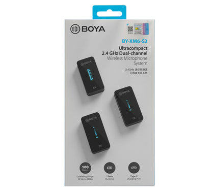 Boya by-XM6 S2 2.4GHz Dual Wireless Lavalier Microphone System Kit with up to 7hours Runtime and 100m Operating Range for Live, YouTube, Vlogging and Interview