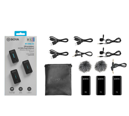 Boya by-XM6 S2 2.4GHz Dual Wireless Lavalier Microphone System Kit with up to 7hours Runtime and 100m Operating Range for Live, YouTube, Vlogging and Interview