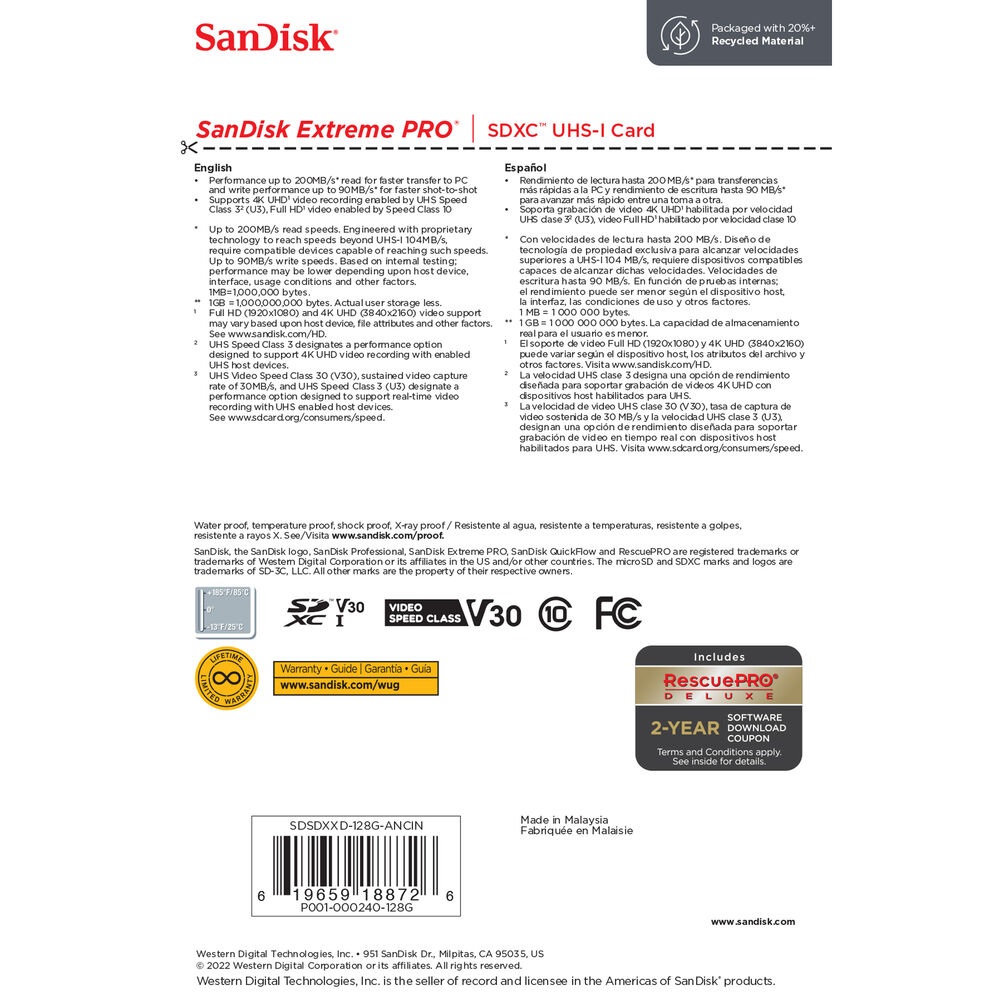 SanDisk SD Card Extreme PRO Memory Card 32G 64GB 128GB 256GB 512GB Memory  Card High Speed C10 200MB/s U3 4K Video V30 for Camera