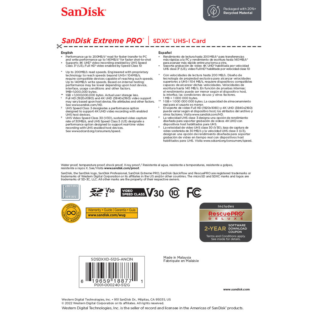 SanDisk 64GB Extreme PRO SDXC UHS-I Card - C10, U3, V30, 4K UHD, SD Card -  SDSDXXY-064G-GN4IN