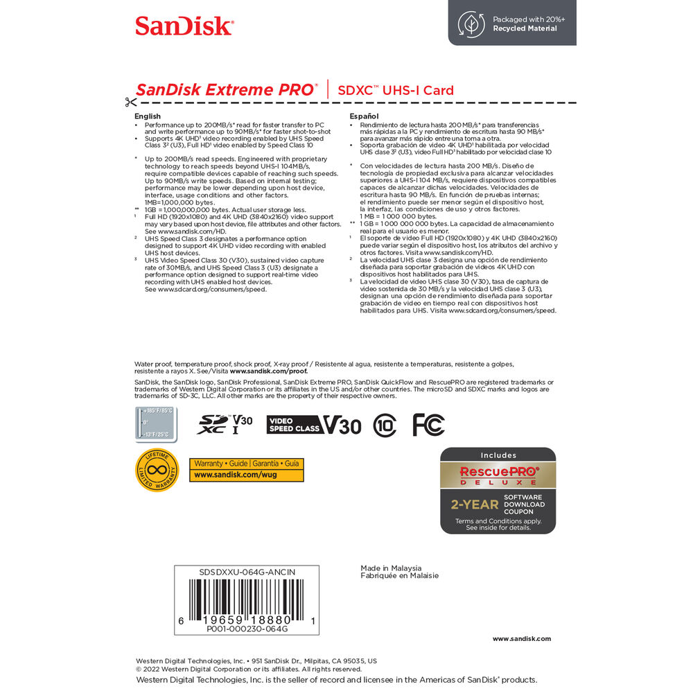 SanDisk Extreme PRO SDXC 1TB Clase 10 V30 U3 UHS-I