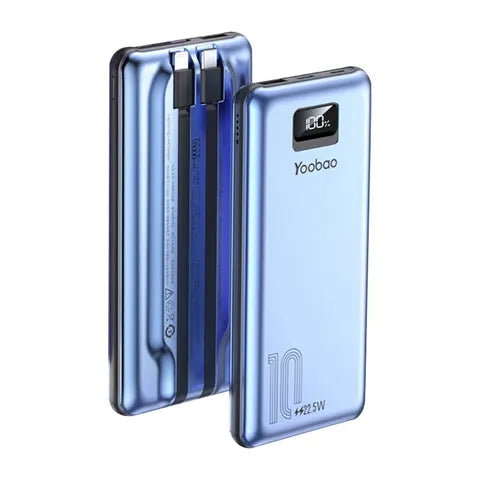 Yoobao LC2 PRO 10000mAh Portable Powerbank with LED Display, PD20W Power Delivery Quick Charge with Built-in Two-Way Type C and Lightning Cable (Blue, White)