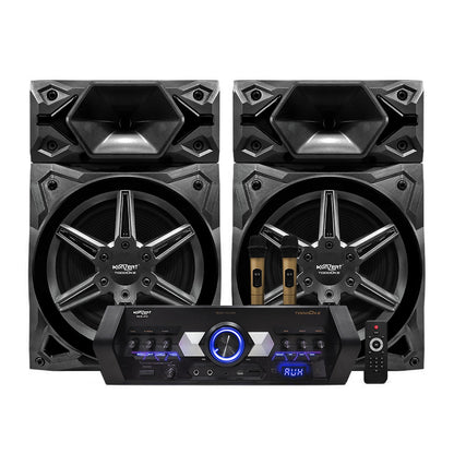 Konzert TodoOke KCS-412 6000W 12" 2-Way Woofer Mini Component Karaoke Speaker System (SET) with 2 Channel Output, Bluetooth, 2 UHF Wireless Mic / USB / SD Card Slot and FM Radio Tuner with RCA and 4 Mic Input and Remote Control