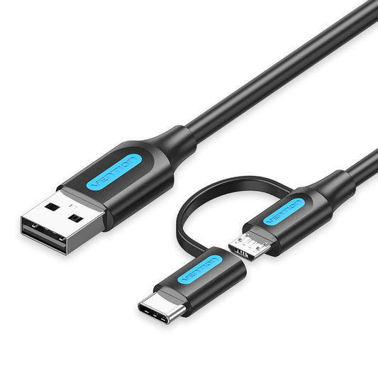 Vention 2-in-1 USB 2.0 to Micro USB and USB Type-C Charging and Data Cable with Interchangeable Plugs for PC, Mac, and Android Phones and Tablets (0.25M, 0.5M, 1M, 1.5M, 2M) | CQDB