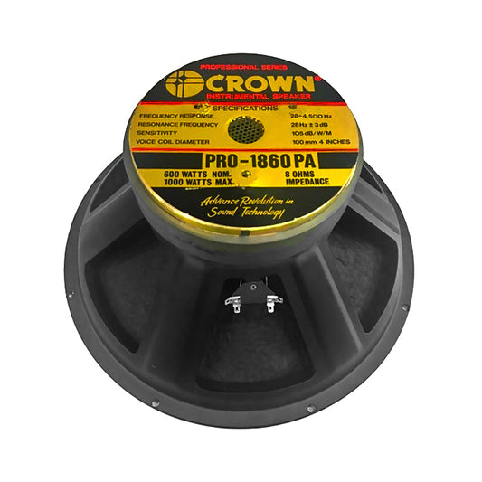 Crown 1000W 18" Instrumental Sound Audio Speaker with 100mm Voice Coil, Max 8 Ohms Impedance, 28Hz-4.5kHz Frequency Response, 105dB Sensitivity Level (PRO-1860PA)