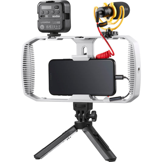 Godox VK1-LT Vlogging Kit with LED6R LED Light, Smartphone Rig, Tripod and Microphone for Livestreaming, Vlogging and Meetings