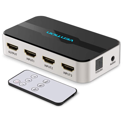 [CLEARANCE] Vention 3 in 1 out HDMI Switcher 4k 30Hz Aluminum Alloy Remote Controlled Splitter with TOSLINK and Audio Port (AFJH0)