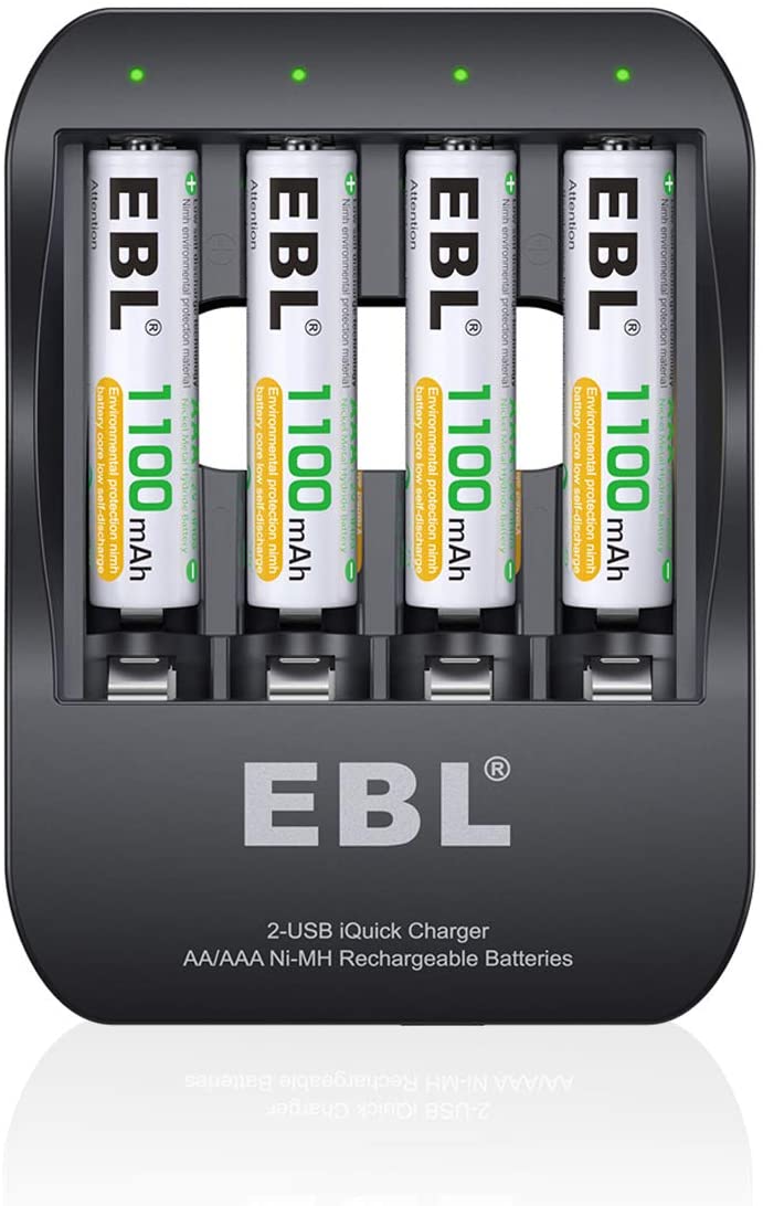 EBL EB-P62018122 Pack of 4 1.2V AAA 1100mAh NiMH Nickel Metal Hydride Rechargeable Batteries with Fast Charging AA/AAA 2-Hour USB-C / Micro USB Quick Battery Charger