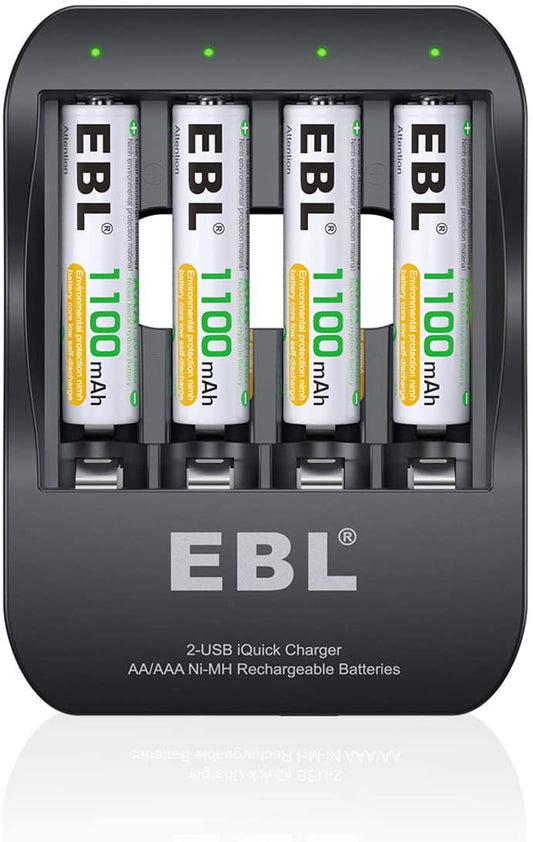EBL EB-P62018122 Pack of 4 1.2V AAA 1100mAh NiMH Nickel Metal Hydride Rechargeable Batteries with Fast Charging AA/AAA 2-Hour USB-C / Micro USB Quick Battery Charger