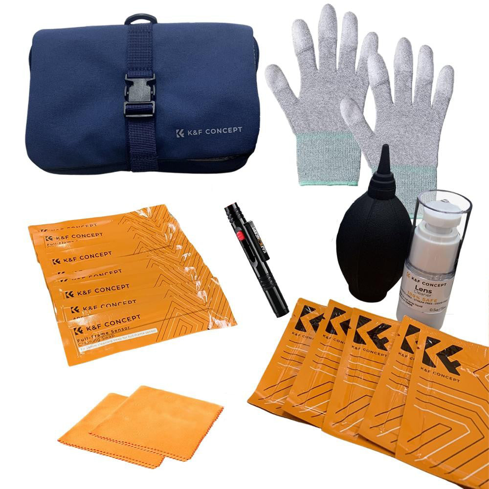 K&F Concept 23-in-1 Camera Lens Cleaning Kit with Cleaning Pen, Dust Blower, Anti-Static Gloves, 24mm Full-Frame Cleaning Rod, Vacuum Cleaning Cloth and Storage Bag | SKU-1868
