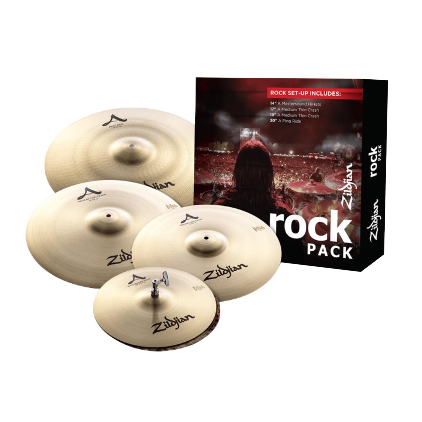 Zildjian A0801R A Rock Pack 4-piece Cymbal Set with 14" Hi-hats, 17" & 19" Crashes, 20" Ride for Drums