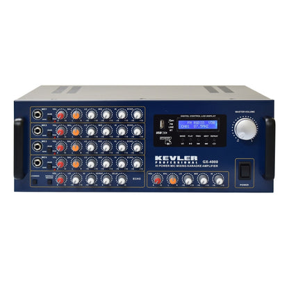 KEVLER GX-4000 900W X2 High Power Mixing Amplifier with Digital LCD Display, USB / Bluetooth / FM Function, 2 Line and 4 Microphone Input with Effects Master Controls and Feedback Reducer for Karaoke System