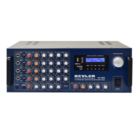 KEVLER GX-4000 900W X2 High Power Mixing Amplifier with Digital LCD Display, USB / Bluetooth / FM Function, 2 Line and 4 Microphone Input with Effects Master Controls and Feedback Reducer for Karaoke System