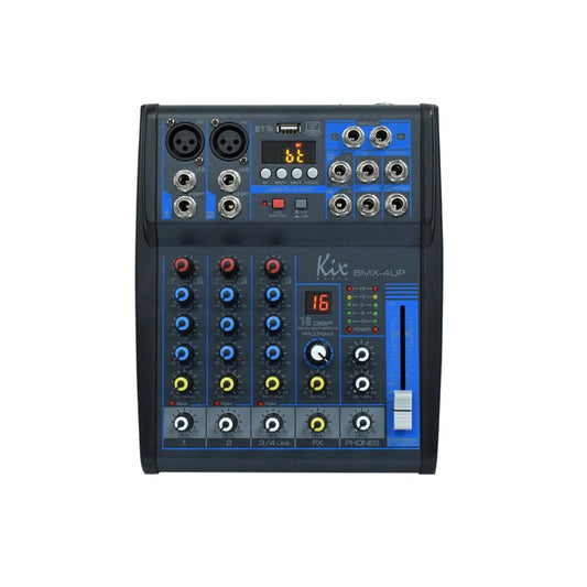 KEVLER Kix Audio 4 Channel Compact Bluetooth Audio Mixer with USB Input, 2 Mic and Stereo Line Inputs, LED Display 3 Band EQ, MP3 Player and 16 DSP Effects | BMX-4UP