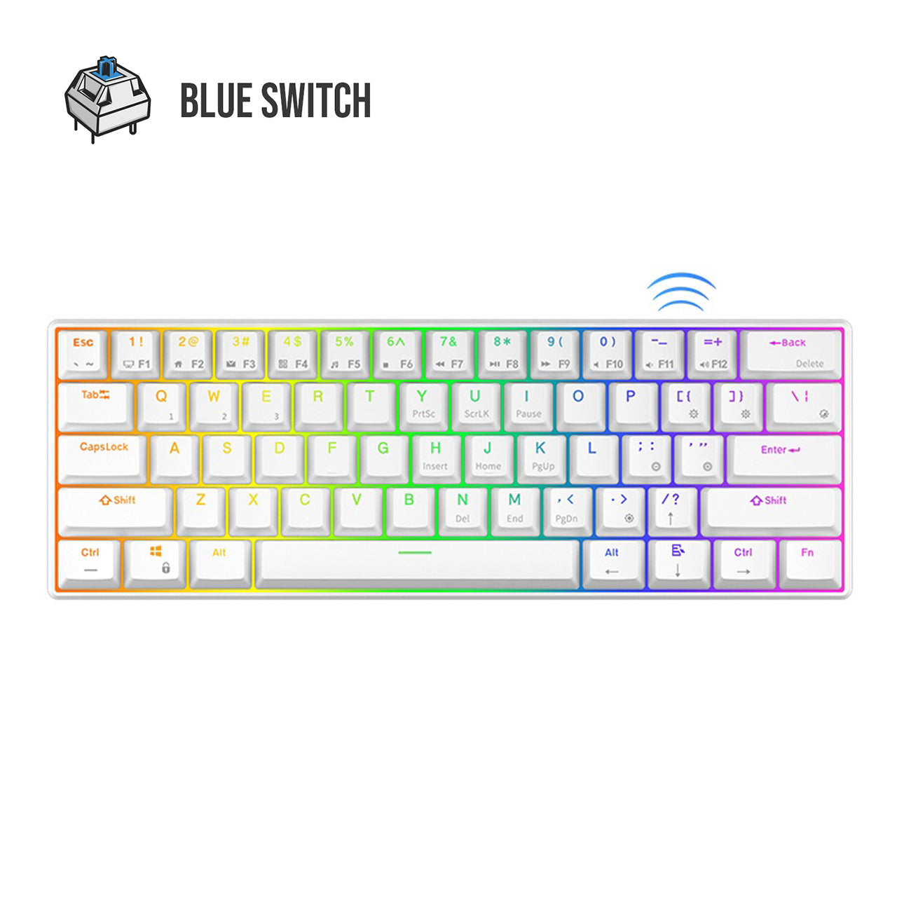 Royal Kludge RK RK61 RGB 61 Keys Mechanical Gaming Keyboard 2.4G Wireless Wired Hot Swappable with Bluetooth 5.0 (White, Black) (Available in Blue Clicky, Red Linear, and Brown Tactile Switch)