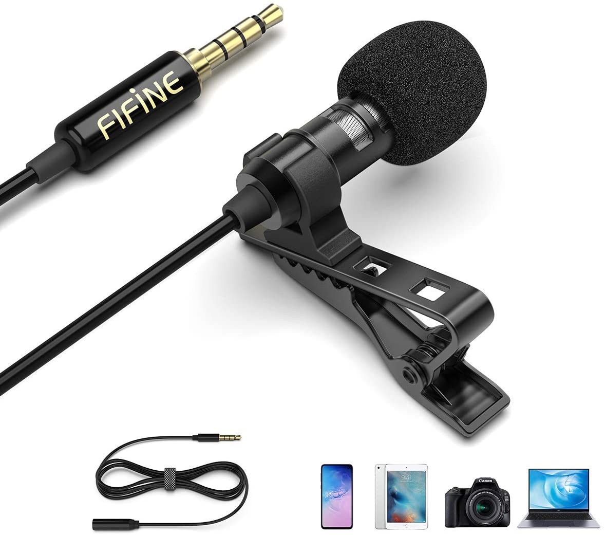 Fifine C1 Lavalier Lapel Microphone, 3.5mm Clip On Mic for YouTube Video Recording Vlog, Mini External Mic for iPhone iPad Android Cell Phone DSLR Camera PC Laptop Mac Computer, Noise Reduction