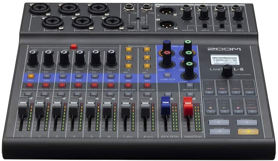 Zoom LiveTrak L-8 Podcast Recorder, Battery Powered, Digital Mixer and Recorder, Music Mixer, Phone Input, Sound Pads, 4 Headphone Outputs, 12-In/4-Out Audio Interface, Built In EQ and Effects