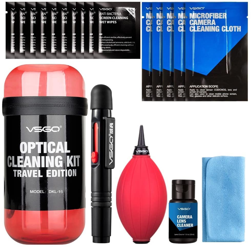 VSGO DKL-15R Camera Lens Cleaning Kits: Lens Cleaner, Lens Cleaning Pen, Microfiber Cloth, Air Blower, Wet Wipe, Suede Screen Cleaning Cloth and Waterproof Bottle Container, Red