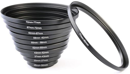K&F Concept 11 in 1 Step Up Ring Set 26-30mm, 30-37mm, 37-43mm, 43-52mm, 52-55mm, 55-58mm, 58-62mm, 62-67mm, 67-72mm, 72-77mm, 77-82mm