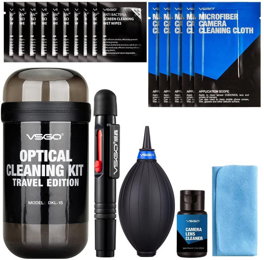 VSGO DKL-15G Camera Lens Cleaning Kits: Lens Cleaner, Lens Cleaning Pen, Microfiber Lens Cleaning Cloth, Air Blower, Wet Wipe, Suede Screen Cloth and Waterproof Bottle Container, Gray
