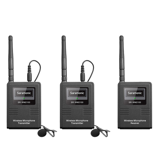 Saramonic SR-WM2100 2.4GHz Dual Wireless Lavalier Mic System (RX TX TX) with 2-channel Receiver 70-meters Operating Range Headphone Monitoring