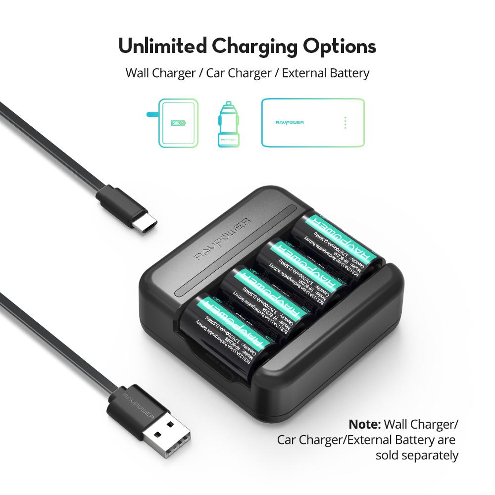 Ravpower CR123A Charger for CR123A Lithium-ion Batteries Charging Options Wall, Car Charger and Power bank