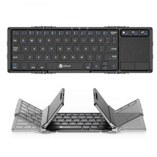 iClever BK08 Tri-Folding Wireless Keyboard Grey with Touchpad Balance Stand Foldable Aluminum Body Connect Switch Between 3 Devices Bluetooth
