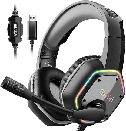 EKSA E1000 7.1 Surround Sound Gaming Headset With Microphone For PS4/Xbox-One/PC Gamer Stereo USB Wired Headphone RGB LED Light (Green, Gray)