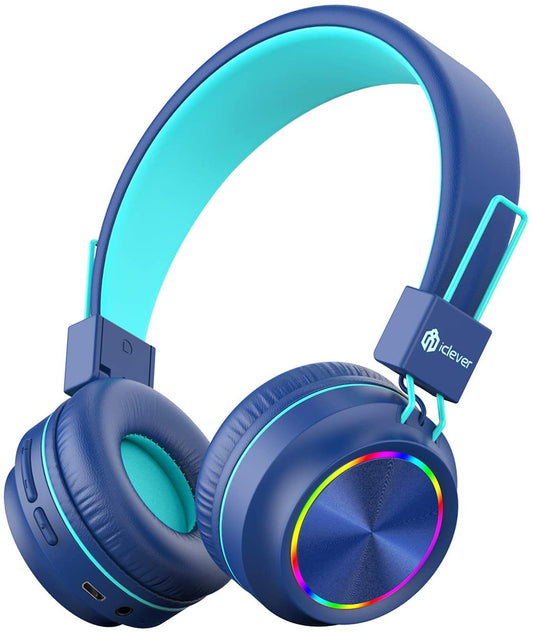 iClever BTH03 Kids Wireless Headphones Blue with Colorful LED Lights Bluetooth 5.0 Twistable Adjustable Foldable Headband 25hours Playtime