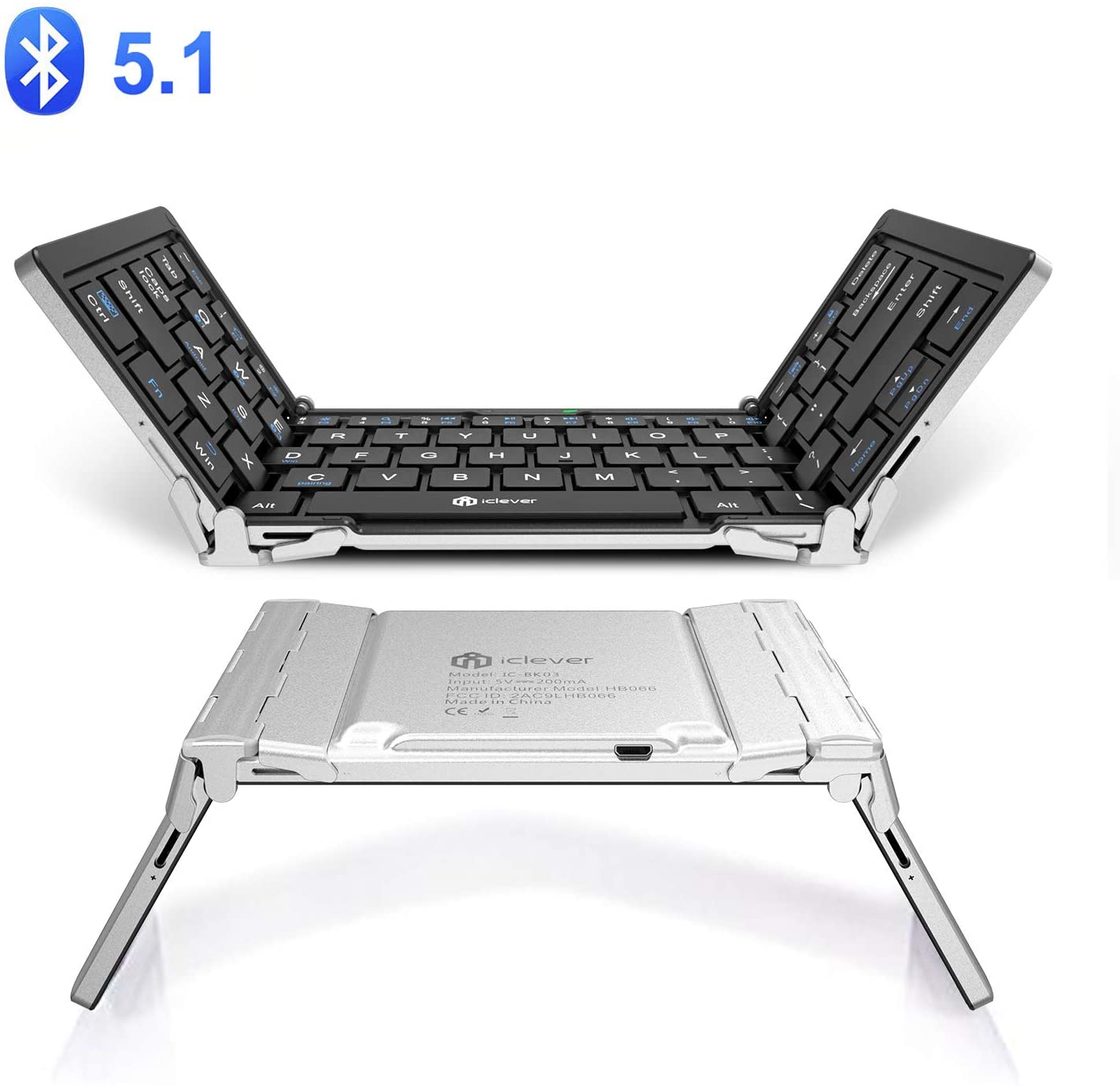 iClever BK03 Tri-folding Wireless Keyboard Silver Portable with Durable Foldable Aluminum Alloy Housing Bluetooth 5.1  60hours Battery Rechargeable