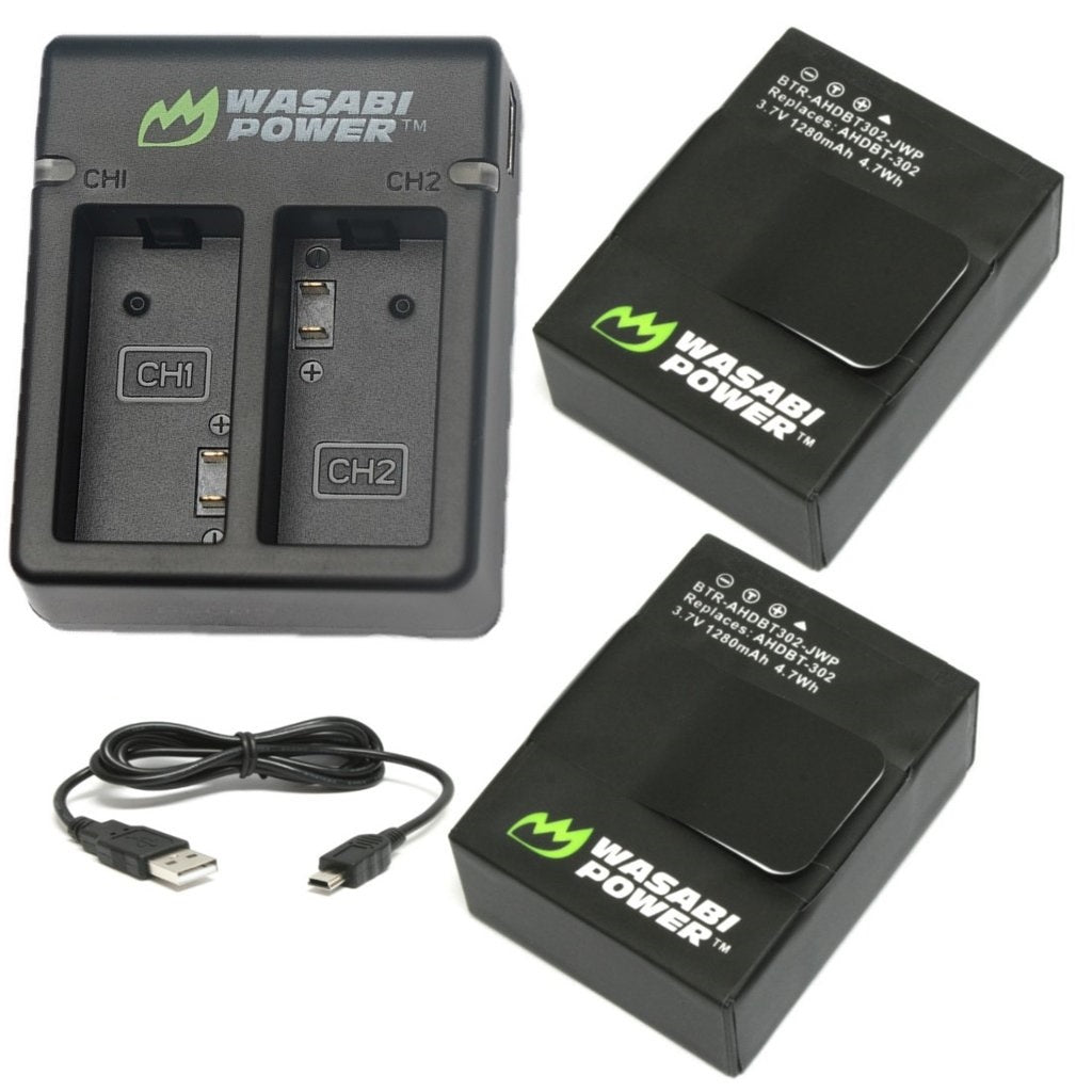Wasabi Power (2-Pack) GoPro HERO 3 / HERO 3+ Action Camera Battery with Dual Charger and USB-A to Micro USB Charging Cable, Replaces AHDBT-302, AHDBT-301, AHDBT-201
