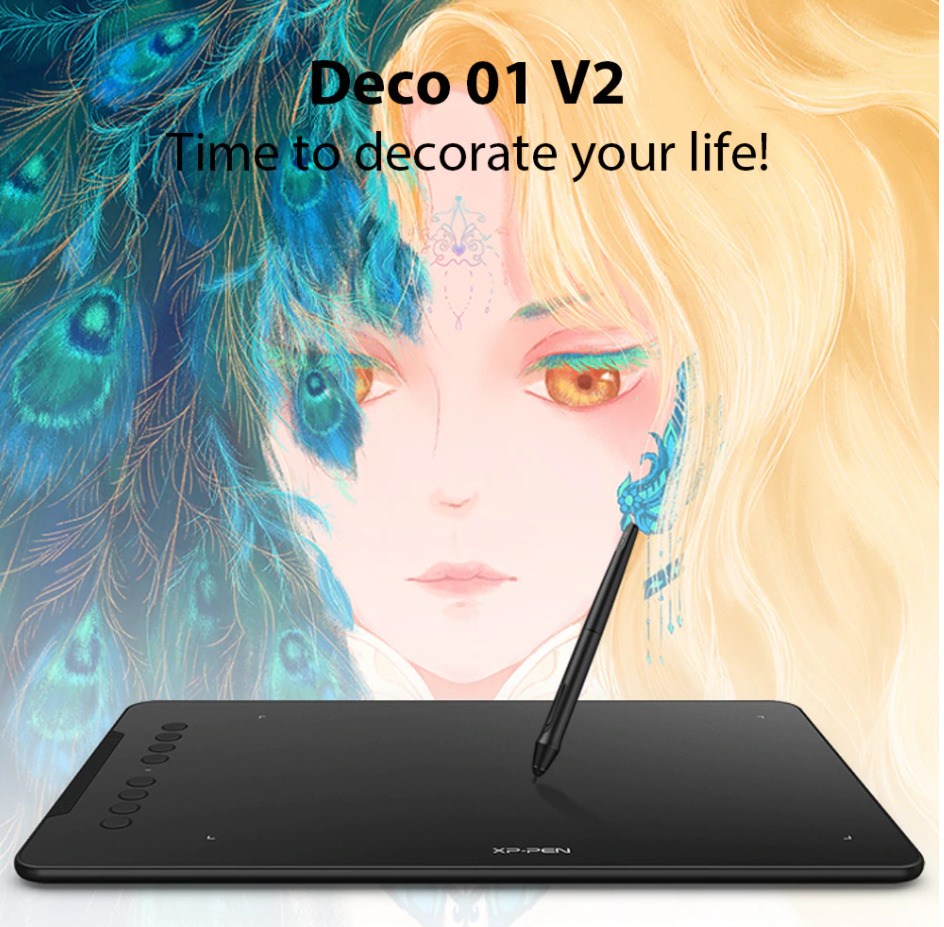 XP-Pen Deco01V2 Graphic Slim Tablet 10 x 6.25 inch with Battery Stylus with 60 degrees Tilt Function and 8192 Levels Pressure Sensitivity for Windows, MAC 0S 10.10 and Digital Arts