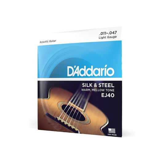 D'Addario Silk and Steel Folk Light Gauge Acoustic Guitar Strings Set with Low Tension & Silver-Plated Windings (.011-.047) | EJ40