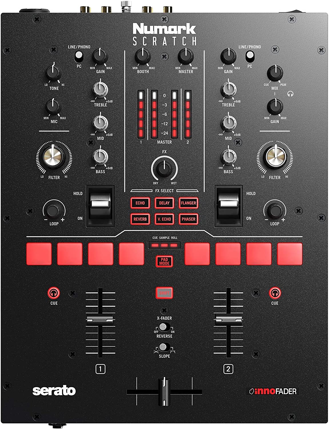 Numark Scratch | Two-Channel DJ Scratch Mixer for Serato DJ Pro, 6 Direct Access Effect Selectors, Performance Pads and 24-Bit Sound Quality