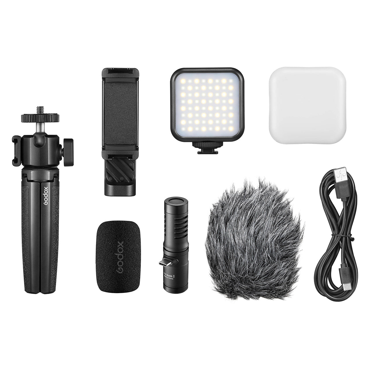 Godox VK2-UC Vlog Kit with Microphone (USB Type-C Connector), Bi-color LED Light, Smartphone Clamp, Mini Tripod, Foam/Furry Windscreen, Diffuser for Vlogging Livestream Recording