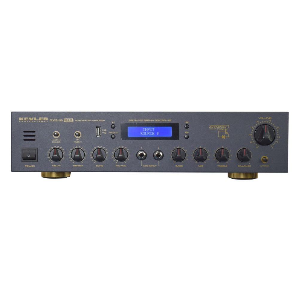 KEVLER GX-3UB PRO 300W X2 Integrated Audio Amplifier with USB, Bluetooth and Mic Priority Function, FM Radio, 3 Mic Inputs, LCD Display, Feedback Reducer and Effects Master Control for Karaoke System