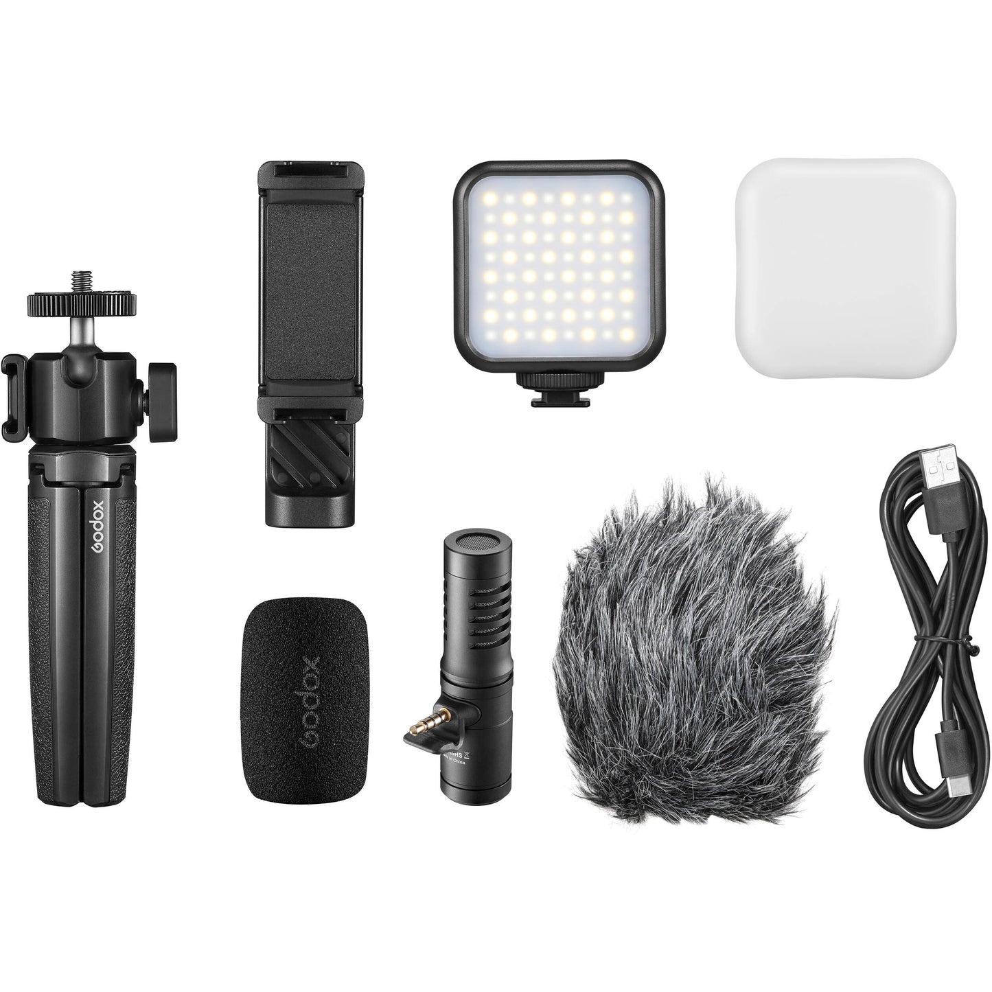 Godox VK2-AX Vlog Kit with Microphone (3.5mm Connector), Bi-color LED Light, Smartphone Clamp, Mini Tripod, Foam/Furry Windscreen, Diffuser for Vlogging Livestream Recording