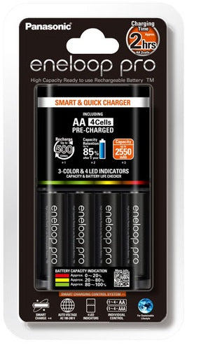 Panasonic Smart & Quick Charger with 3-Color LED with Eneloop Pro AA Battery Set of 4 (Black) | K-KJ55HCC40T