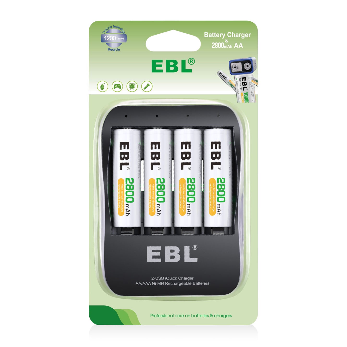 EBL EB-P62018112 1.2V AA 2800mAh NiMH Nickel Metal Hydride Rechargeable Batteries (Pack of 4) with Fast Charging AA/AAA 2-Hour USB-C / Micro USB Quick Battery Charger