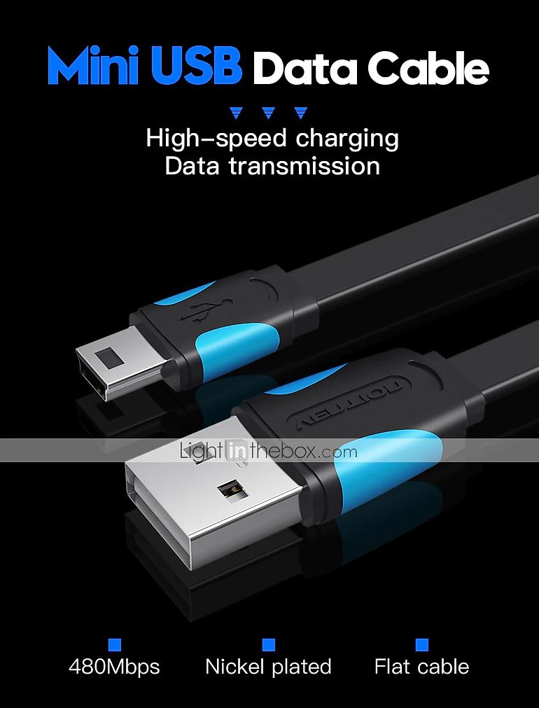 Vention USB 2.0 Male to Mini USB Male Copper Conductor Data Cable High Speed Transmission for Laptop, PC, Camera, Charger (VAS-A14)