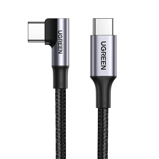 UGREEN 100W PD USB-C 2.0 Male to Angled USB Type-C Male Fast Charging Cable with Braided Aluminium Shell for Smartphones, Tablets, Laptops (Available in 1M, 2M) | 7064