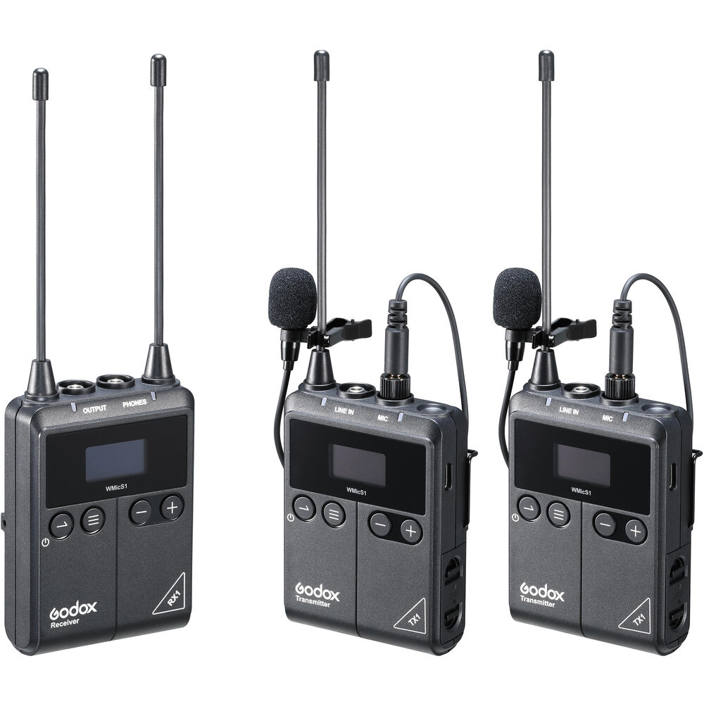 Godox WMicS1 / PRO WMicS2 Kit 2 Clip-On UHF Wireless Lavalier Microphone (TX TX RX) Transmitter & Receiver System with 100m Range, 3.5mm Audio I/O, OLED Display, and Adjustable Antenna for Audio Mixers, Mirrorless and DSLR Cameras