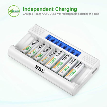 [CLEARANCE] EBL TB-6076 8-Bay Smart Battery Charger with LCD Status Display, Independent Charging Slots, and Intelligent Overcurrent Protection for AA, AAA Ni-NH Rechargeable Batteries