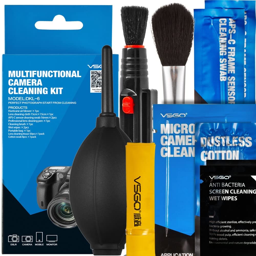 VSGO DKL-6 Camera Cleaning Kit Essential Package for DSLR Cameras APS-C Sensor Cleaning Swab, Lens Cleaning Pen, Wet Wipes, Lens Cleaning Paper, Microfiber Cloth, Air Blower